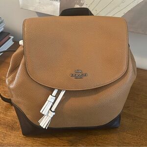 Coach Tan and Black Leather Backpack with White Accents